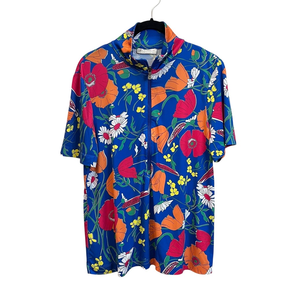 Anatomie Belle Vizcaya Flora Half Zip Top Blue Short Sleeve Made in‎ Italy Large